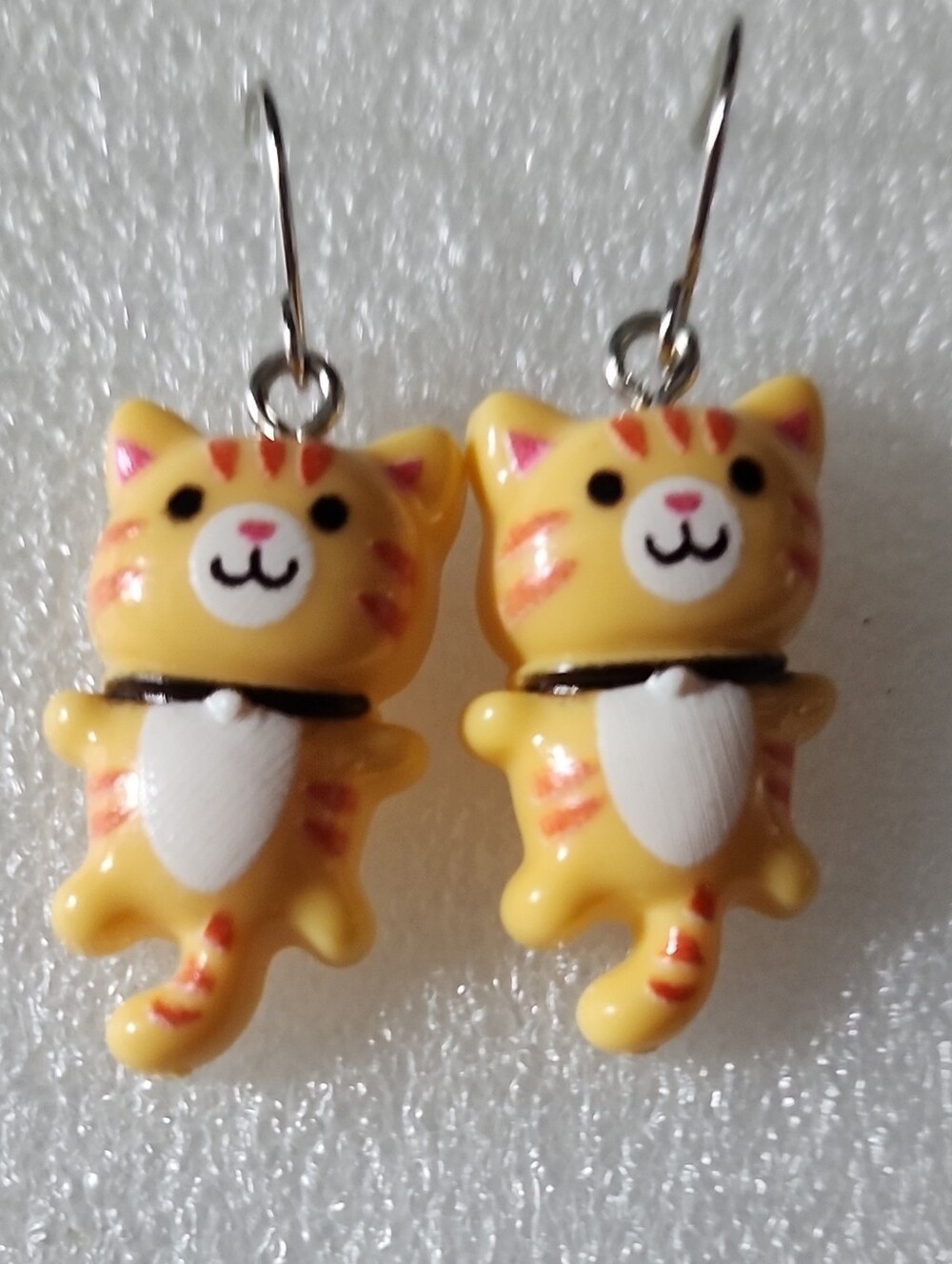 Hand Crafted Yellow Cat Dangle Earrings with White Accents